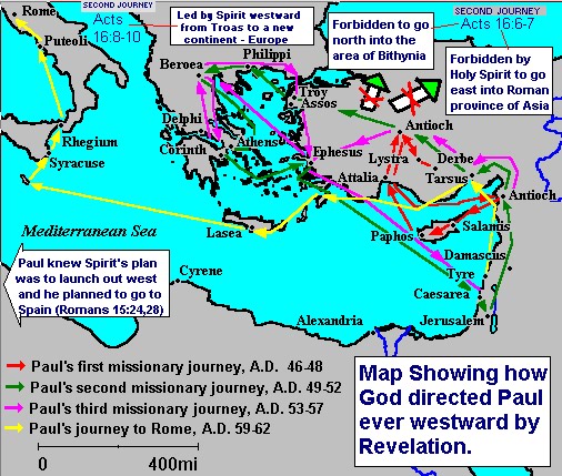 PAul's missionary trips showing a westward thrust.