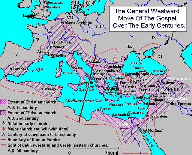 The advance of the Gospel westward through Europe.